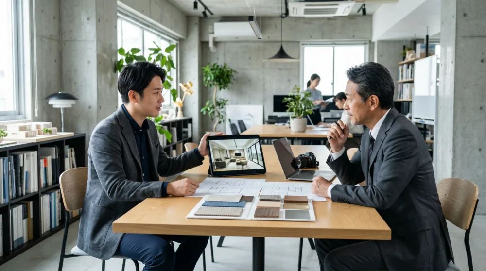 空間デザインのプロがデザイン案を提案するシーン。M&Aと会社売却で、クリエイティブな事業を次世代へ引き継ぐイメージ。