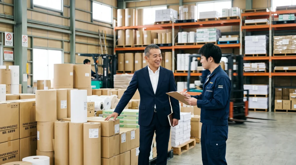 紙卸業のM&A・会社売却で、倉庫内の在庫や物流の引き継ぎを検討する、誠実な雰囲気の経営者と社員の様子。