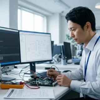組込みシステム開発のM&A・会社売却で、高い技術力の承継を表現する、電子機器の設計と検証作業に集中するエンジニアの姿。