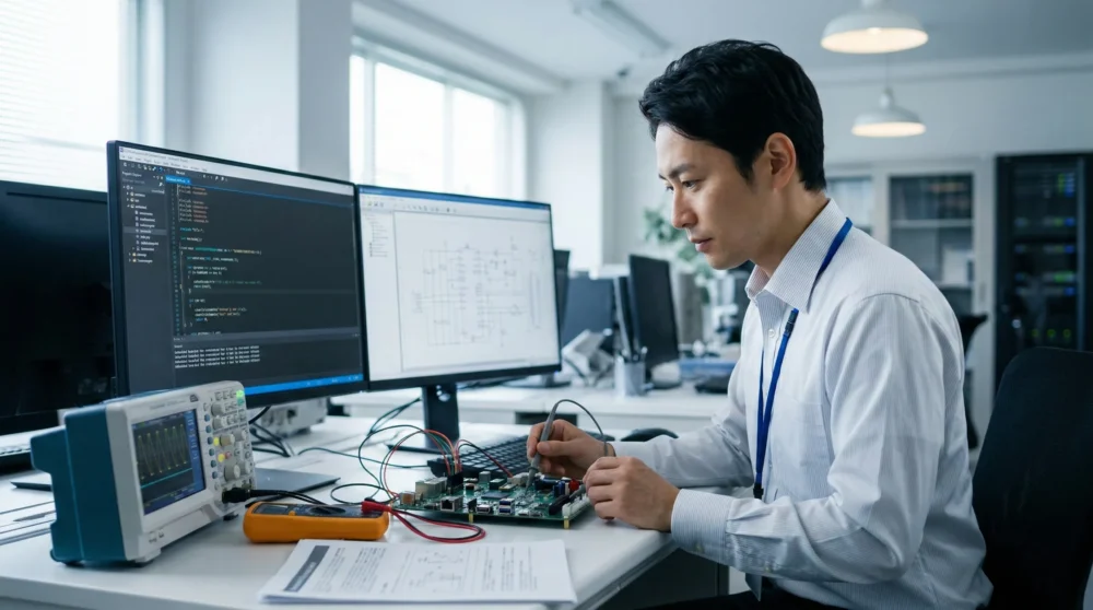 組込みシステム開発のM&A・会社売却で、高い技術力の承継を表現する、電子機器の設計と検証作業に集中するエンジニアの姿。
