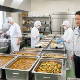 給食会社の調理場で働くスタッフ。事業承継を目的としたM&A・会社売却で経営を引き継ぐイメージ。