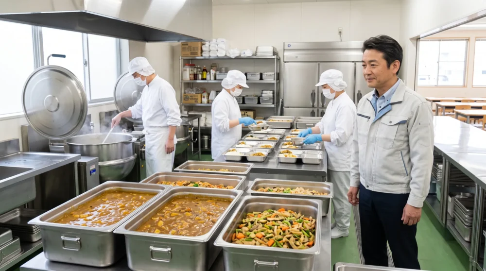 給食会社の調理場で働くスタッフ。事業承継を目的としたM&A・会社売却で経営を引き継ぐイメージ。