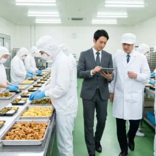 清潔な食品工場で、白衣の従業員がベルトコンベアにて整然と弁当を盛り付ける風景。総菜・弁当製造のM&A・会社売却で確かな製造体制とブランドを引き継ぐ。