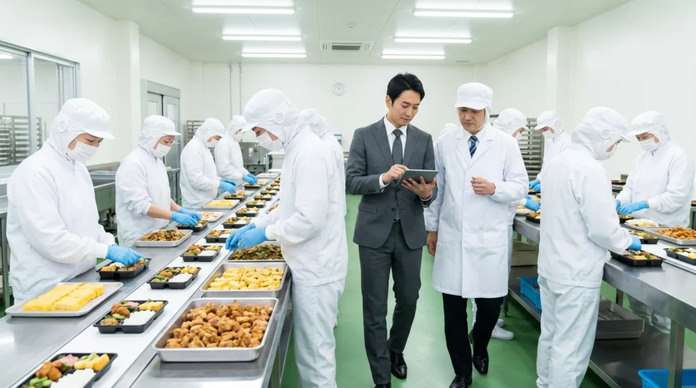 清潔な食品工場で、白衣の従業員がベルトコンベアにて整然と弁当を盛り付ける風景。総菜・弁当製造のM&A・会社売却で確かな製造体制とブランドを引き継ぐ。