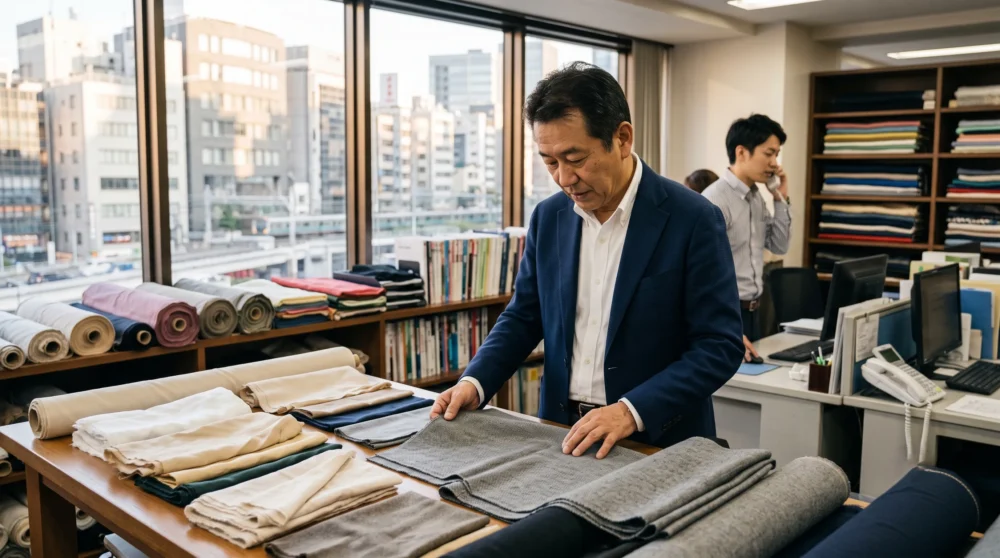 繊維商社のM&A・会社売却で、多様な生地や見本を前に経営基盤の継承を検討するオーナー経営者の姿を表現したオフィス写真。