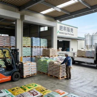 肥料販売のM&A・会社売却を進める経営者へ、肥料袋が山積みされたクリーンな倉庫内にフォークリフトが佇む実写風写真。
