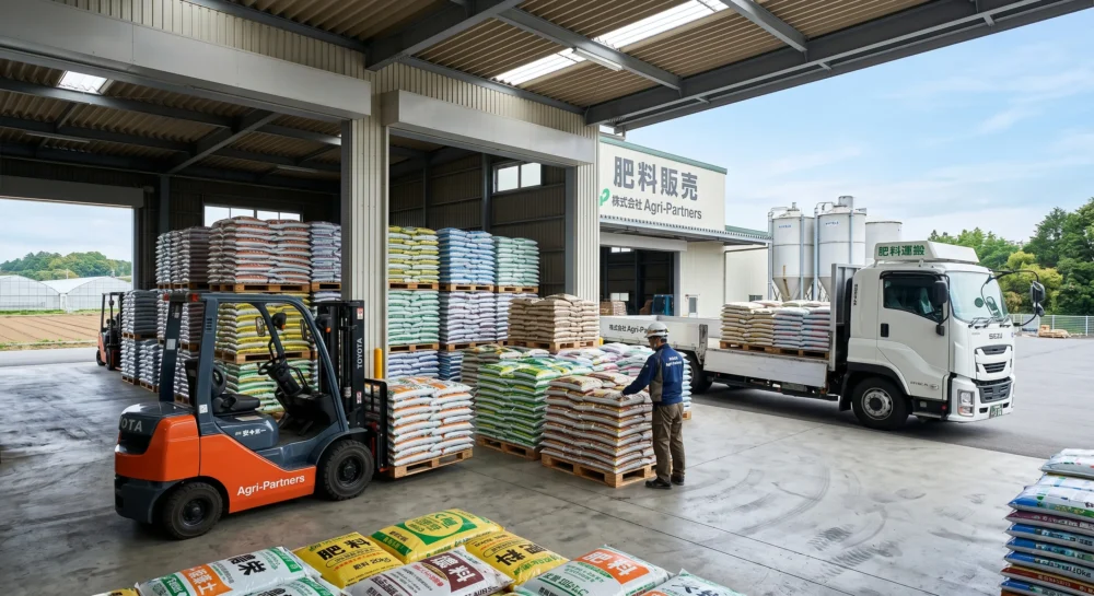 肥料販売のM&A・会社売却を進める経営者へ、肥料袋が山積みされたクリーンな倉庫内にフォークリフトが佇む実写風写真。