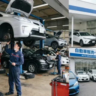 自動車販売・整備業のM&Aや会社売却を検討するオーナーへ、整備工場での作業や展示場の接客風景を伝える写真。