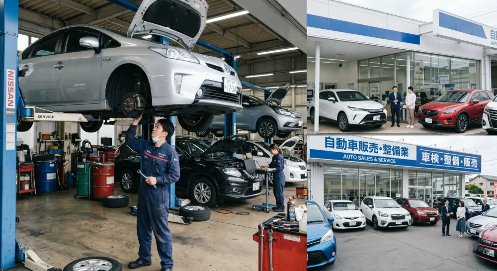 自動車販売・整備業のM&Aや会社売却を検討するオーナーへ、整備工場での作業や展示場の接客風景を伝える写真。