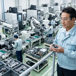自動車部品業界のM&A・会社売却で、技術と製造ラインを引き継ぐ事業承継のイメージを表す、近代的な部品工場と経営者の写真