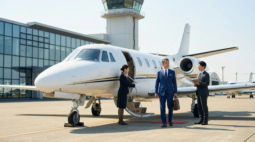 空港で待機するビジネスジェットを前にした日本人経営者。航空チャーター便事業のM&Aと会社売却のイメージ。