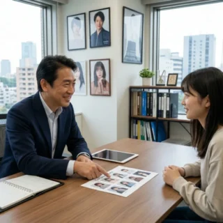 芸能事務所のM&A・会社売却で、所属タレントのマネジメントや育成を引き継ぐ経営者とタレントの打ち合わせ風景。事業承継をイメージ。