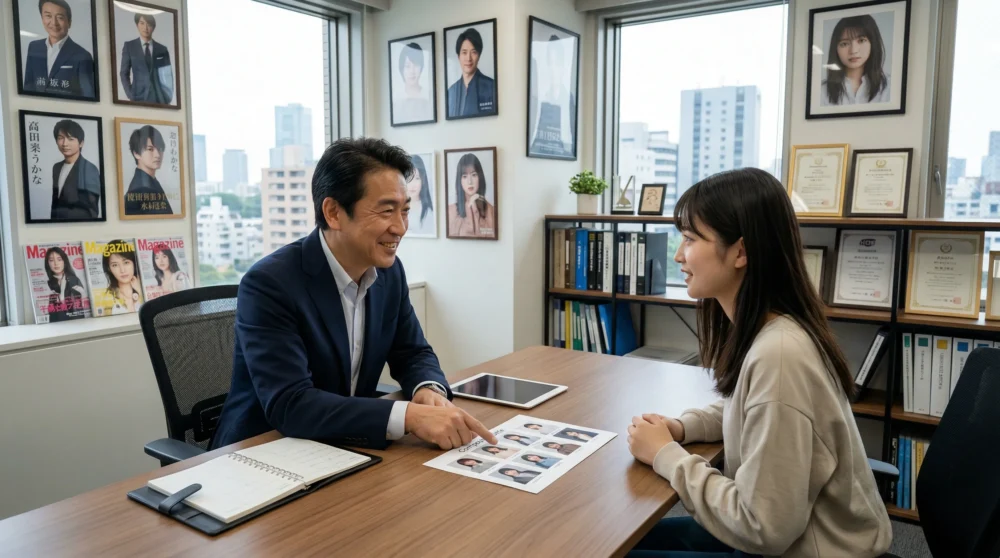 芸能事務所のM&A・会社売却で、所属タレントのマネジメントや育成を引き継ぐ経営者とタレントの打ち合わせ風景。事業承継をイメージ。