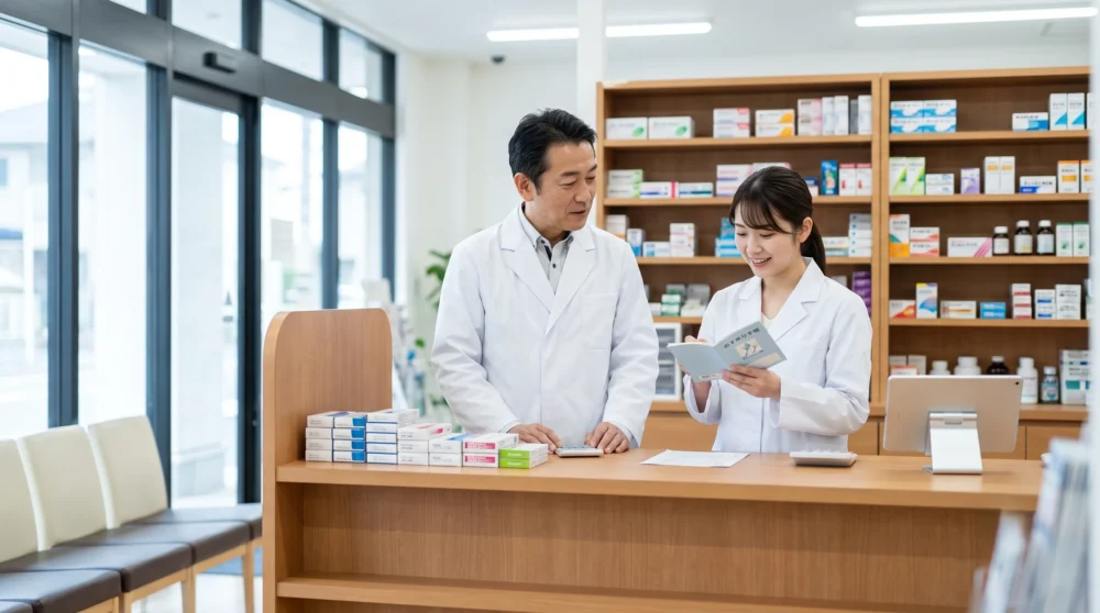 薬局のM&Aや会社売却を検討する経営者に向けた、明るい店舗内と従業員の様子を表すイメージ画像。