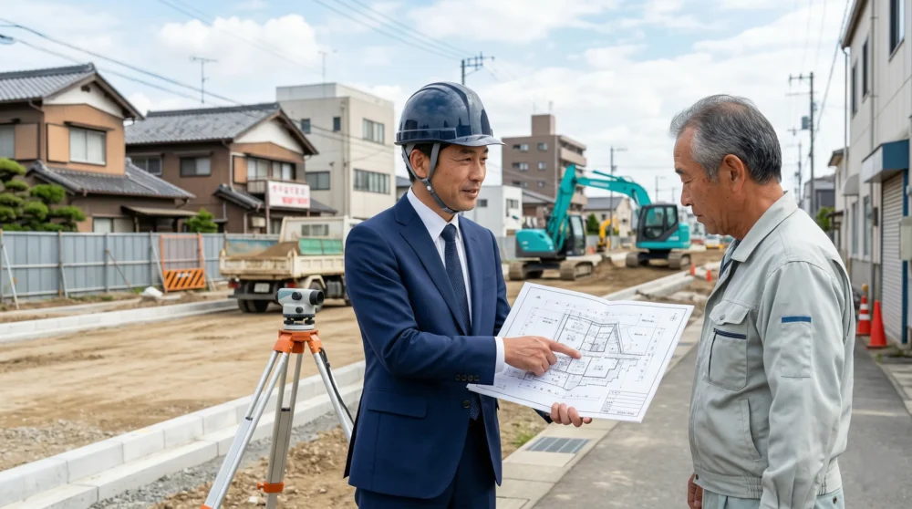 公共事業に伴う補償額算定を行う補償コンサルタントの現地調査風景。専門性の高い事業のM&A・会社売却をイメージ。