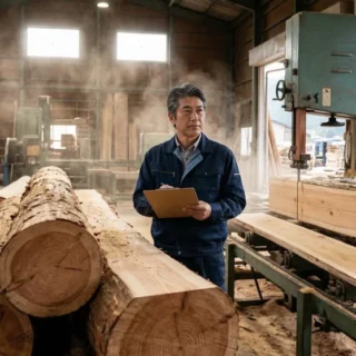 製材業のM&A・会社売却で事業を引き継ぐ経営者と丸太、製材機のイメージ