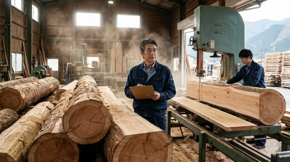 製材業のM&A・会社売却で事業を引き継ぐ経営者と丸太、製材機のイメージ