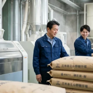 製粉業のM&A・会社売却に向けて、工場の製造ラインと製品を確認する経営者の姿を表す実写風画像。