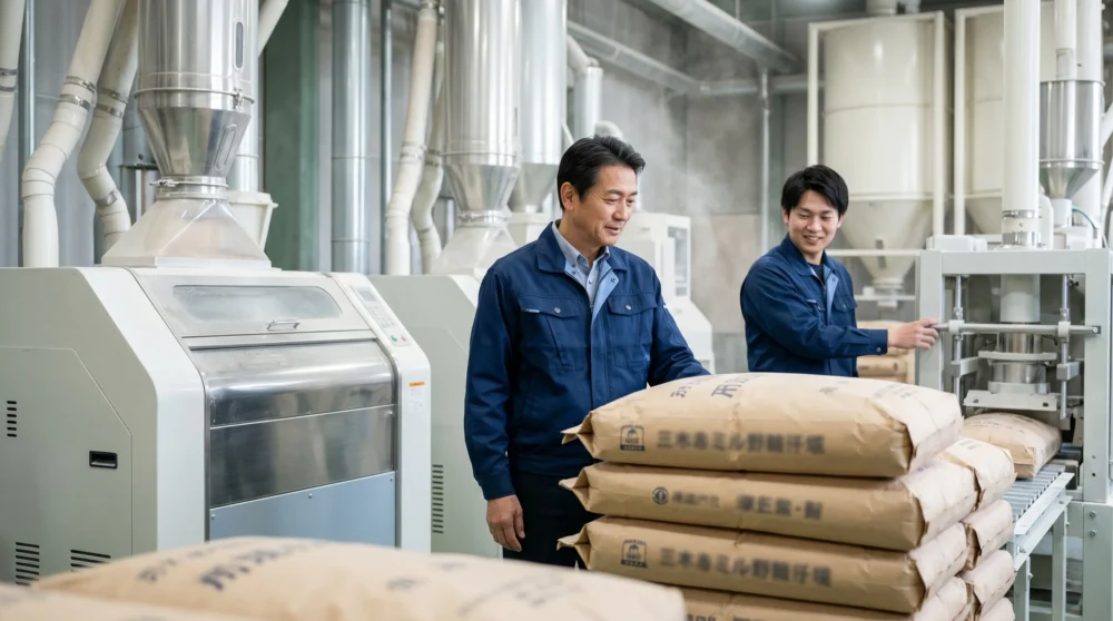 製粉業のM&A・会社売却に向けて、工場の製造ラインと製品を確認する経営者の姿を表す実写風画像。
