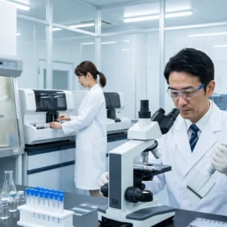 製薬業界のM&A・会社売却を検討する経営者に、クリーンルームでの研究風景を表現した写真。