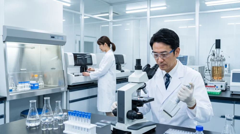 製薬業界のM&A・会社売却を検討する経営者に、クリーンルームでの研究風景を表現した写真。