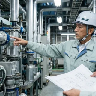 設備・プラント工事業のM&A会社売却。複雑な配管が並ぶ現場で図面を確認するベテラン技術者と事業承継の様子。