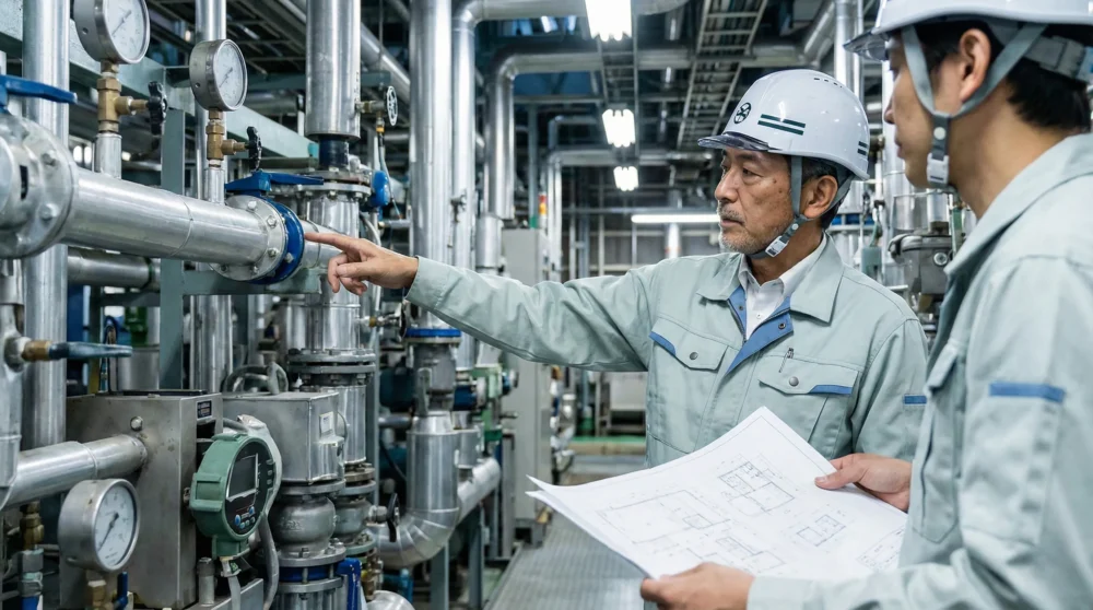 設備・プラント工事業のM&A会社売却。複雑な配管が並ぶ現場で図面を確認するベテラン技術者と事業承継の様子。