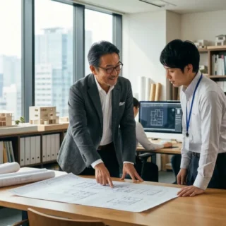 設計事務所のM&A・会社売却に向け、建築模型や図面が並ぶオフィスで経営者が社員と話す、事業承継を象徴する信頼感のある写真。