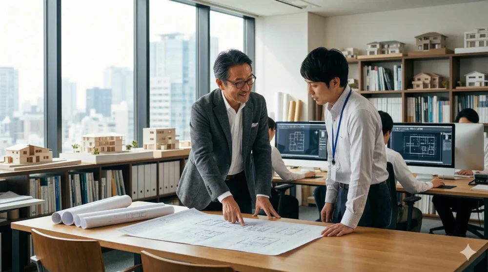 設計事務所のM&A・会社売却に向け、建築模型や図面が並ぶオフィスで経営者が社員と話す、事業承継を象徴する信頼感のある写真。