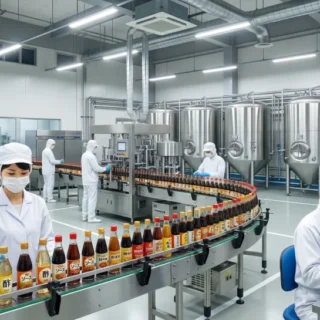 調味料メーカーのM&Aや会社売却で、醸造タンクや瓶詰ラインの工場設備を引き継ぐ事業承継のイメージ写真