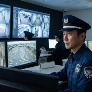 警備会社のM&A・会社売却で、信頼できる経営を引き継ぐイメージを表す監視センターと警備員の写真