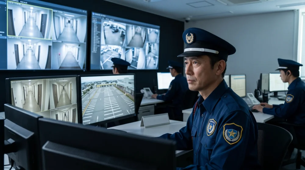 警備会社のM&A・会社売却で、信頼できる経営を引き継ぐイメージを表す監視センターと警備員の写真