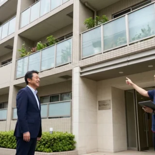 賃貸マンションのM&A・会社売却に向けて物件の管理状態を確認する経営者と従業員の様子を表す実写風写真
