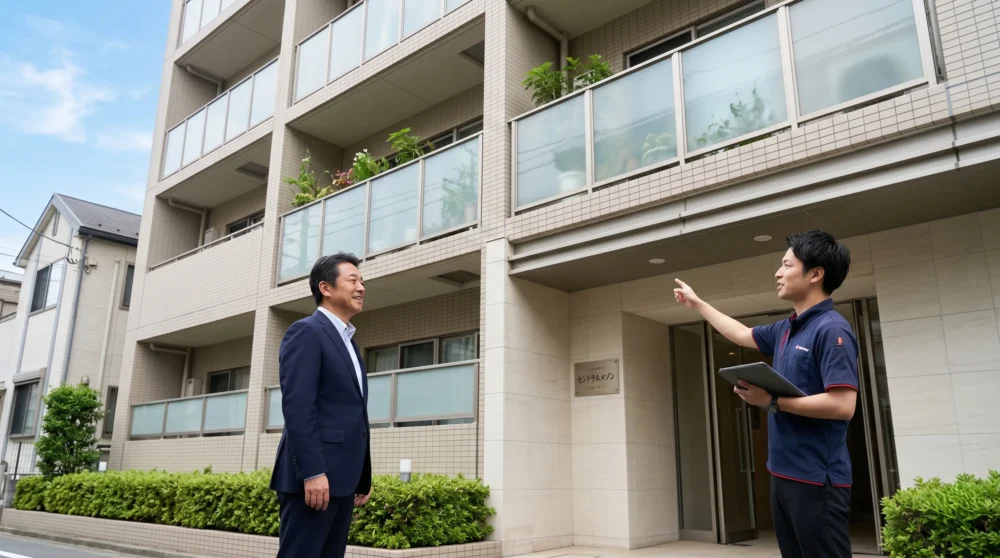 賃貸マンションのM&A・会社売却に向けて物件の管理状態を確認する経営者と従業員の様子を表す実写風写真