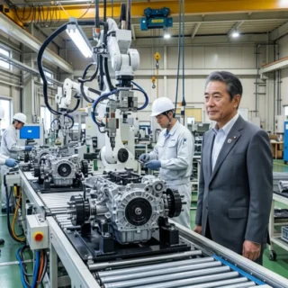輸送機器業界の製造工場で、M&Aや会社売却による事業承継を検討するオーナー経営者の視察風景