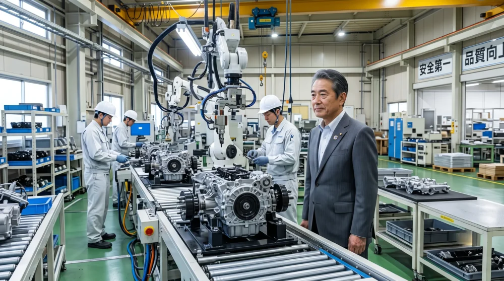 輸送機器業界の製造工場で、M&Aや会社売却による事業承継を検討するオーナー経営者の視察風景