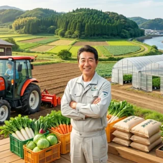 豊かな農場とトラクターを背景に立つ経営者の姿。農林水産・畜産業におけるM&Aや会社売却での円滑な事業承継をイメージ。
