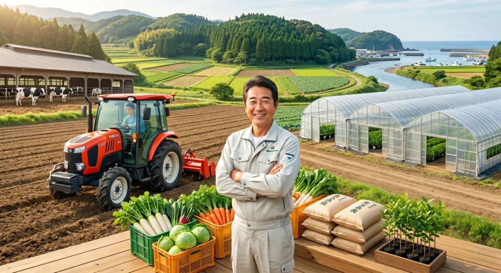 豊かな農場とトラクターを背景に立つ経営者の姿。農林水産・畜産業におけるM&Aや会社売却での円滑な事業承継をイメージ。