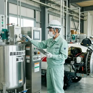 農薬販売のM&Aや会社売却を検討する経営者へ、工場の調合タンクや散布機前で品質管理を行う様子を描いた信頼感のある写真