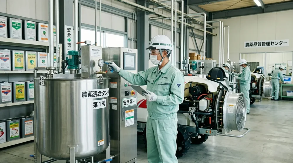 農薬販売のM&Aや会社売却を検討する経営者へ、工場の調合タンクや散布機前で品質管理を行う様子を描いた信頼感のある写真