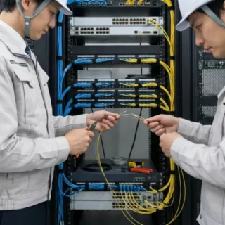 データセンターで光ケーブル接続を行う通信工事の現場写真。M&Aや会社売却で高度な技術を繋ぐ。