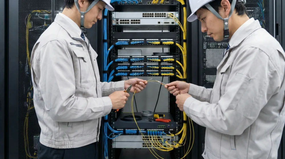 データセンターで光ケーブル接続を行う通信工事の現場写真。M&Aや会社売却で高度な技術を繋ぐ。