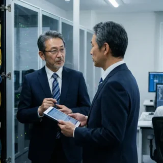 通信関連システム開発業のM&A・会社売却に向け、サーバー室で事業承継を協議する経営者たちの写真