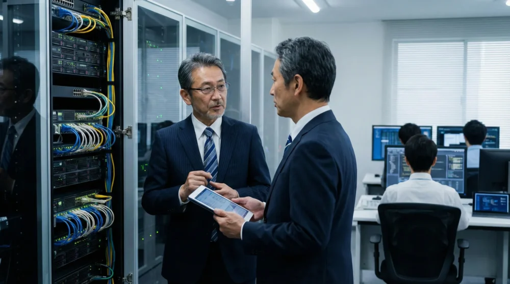 通信関連システム開発業のM&A・会社売却に向け、サーバー室で事業承継を協議する経営者たちの写真