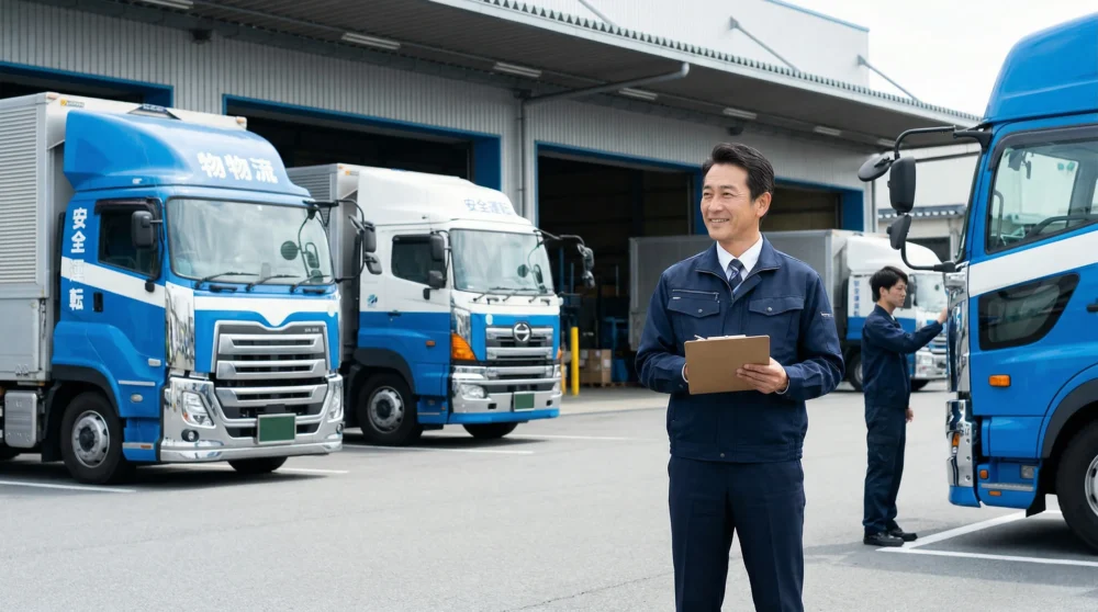 運送業のM&Aと会社売却における円滑な事業承継と経営統合をイメージした、トラックと物流拠点の実写風画像