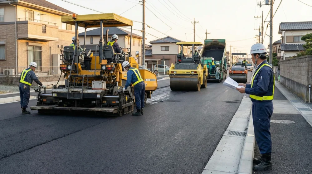 アスファルト舗装現場で重機が稼働する様子。道路舗装工事業の会社売却やM&Aを検討する経営者向けの写真
