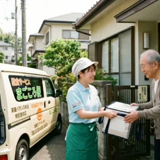 配食サービス業のM&A・会社売却を検討する経営者に向けた、高齢者へお弁当を手渡すスタッフの実写風イメージ。