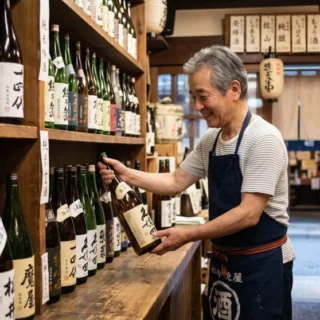 伝統的な酒屋の店内で笑顔を見せるオーナー経営者。地域に根差した酒屋のM&A・会社売却による事業承継のイメージ。