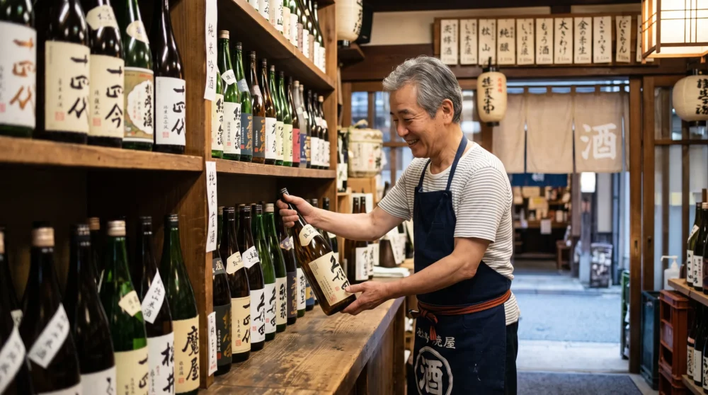 伝統的な酒屋の店内で笑顔を見せるオーナー経営者。地域に根差した酒屋のM&A・会社売却による事業承継のイメージ。