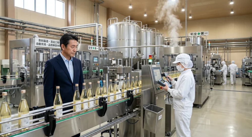 酒造・飲料製造業のM&A・会社売却で、近代的な飲料工場の自動充填ラインと徹底した品質検査体制を示す写真